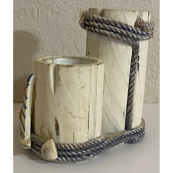 Nautical Triple Tea Light Wood Candle Holder Pier Seagull Sailboat Shell Ocean - Picture 4 of 6